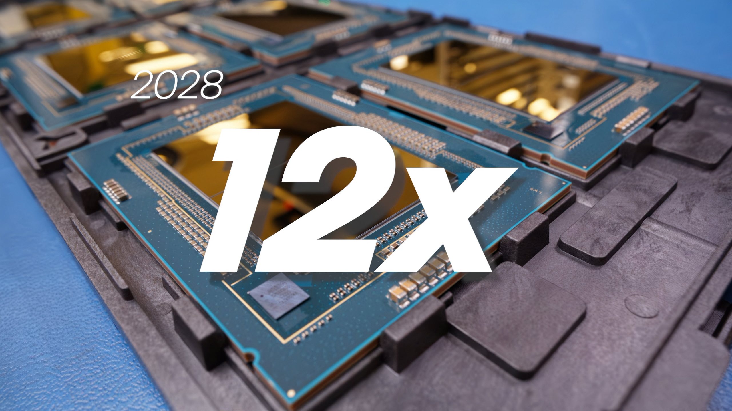Close-up of multiple computer chips in a tray with overlaid text '2028' and '12x'.