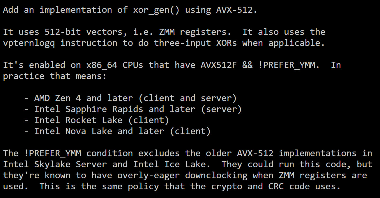 Text describing the implementation of xor_gen() using AVX-512, enabled on AMD Zen 4, Intel Sapphire Rapids, Rocket Lake, and Nova Lake CPUs with AVX512F.