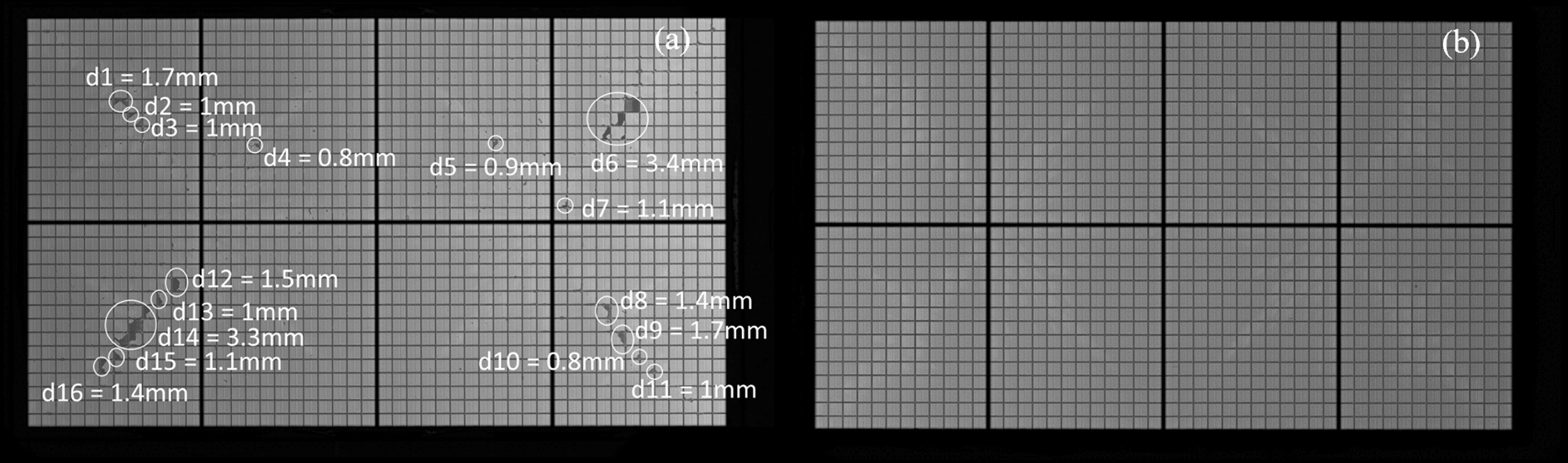 Two grid images labeled '(a)' and '(b)' display multiple circled areas with measurements ranging from 'd1 = 1.7mm' to 'd16 = 1.4mm' marked in text on image (a), while image (b) remains unmarked.