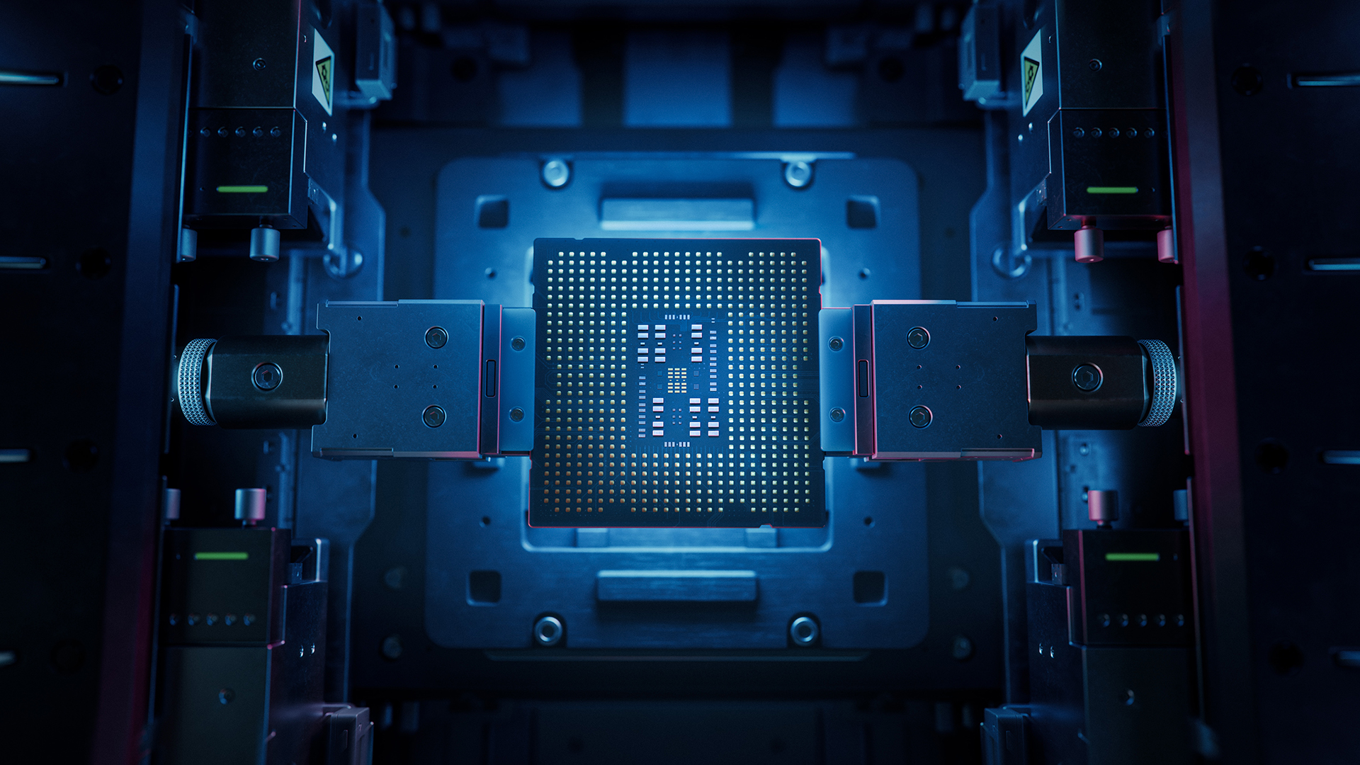 A close-up of an integrated circuit chip placed in a precision testing device under blue lighting inside a technology lab.
