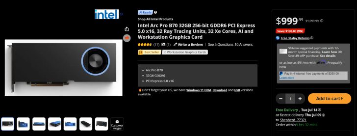 The image shows an Intel Arc Pro B70 workstation graphics card priced at $999.99, featuring 32GB GDDR6 memory, PCI Express 5.0 x16 support, 32 Ray Tracing Units, and 32 Xe Cores.