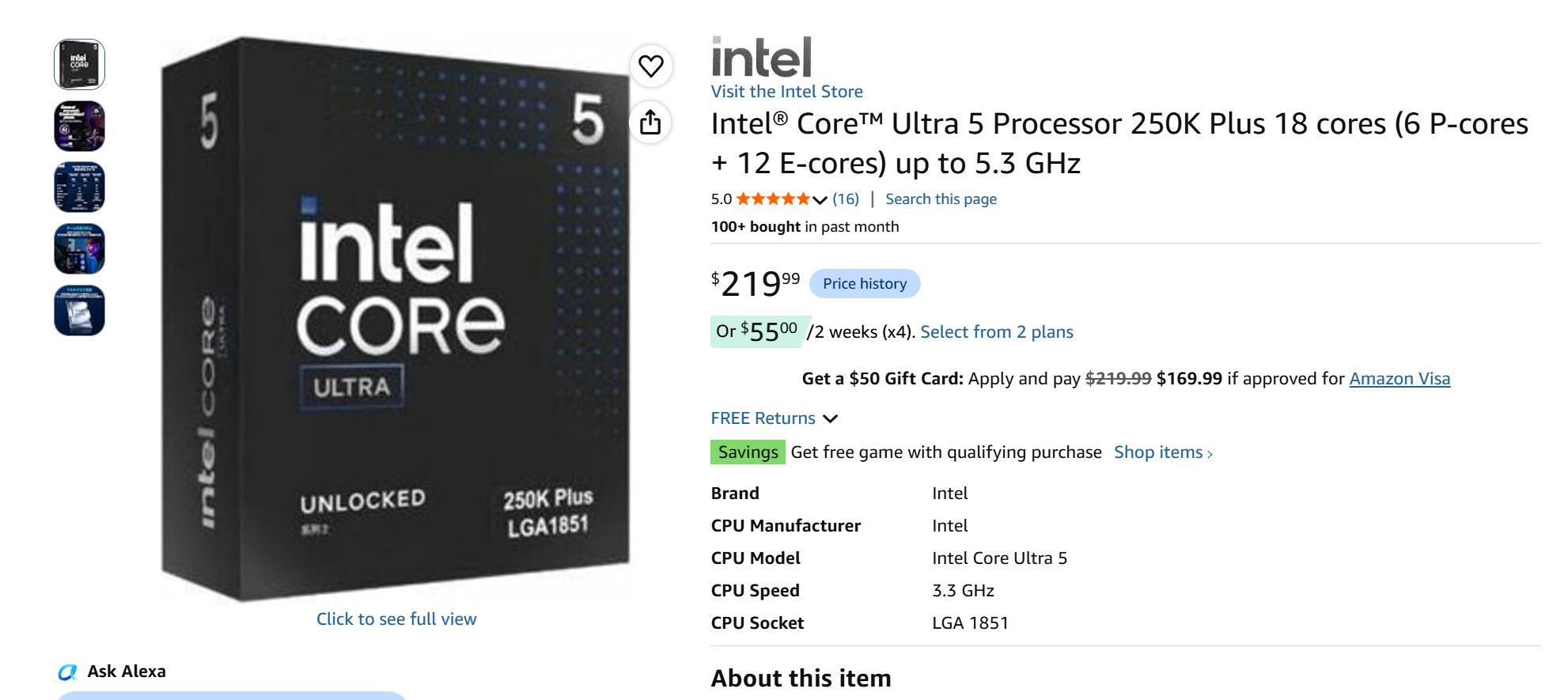 The image shows an Intel Core Ultra 5 Processor 250K Plus box indicating 18 cores (6 P-cores + 12 E-cores) with a speed up to 5.3 GHz, alongside an Amazon listing displaying a price of $219.99.