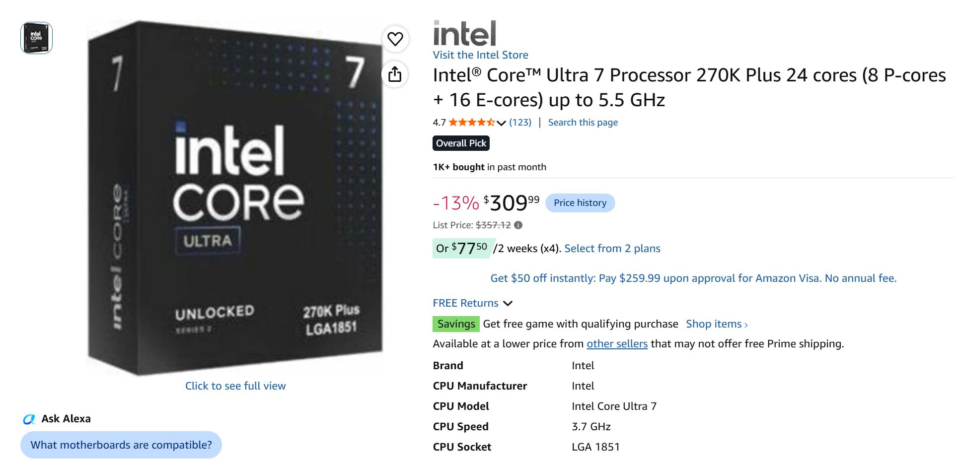 Product page for the Intel Core Ultra 7 Processor 270K Plus with 24 cores and up to 5.5 GHz, priced at $309.99 with a 13% discount.