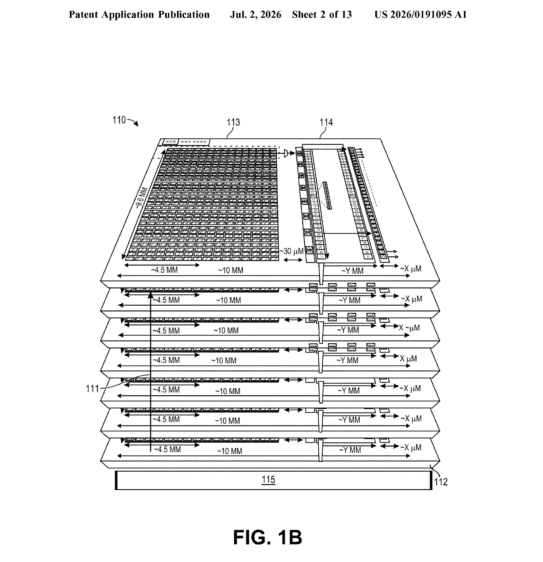 A diagram labeled 'FIG. 1B' from a patent application shows a stacked semiconductor structure comprising multiple layers marked with dimensions such as '~4.5 MM,' '~10 MM,' and '~30 μM.'