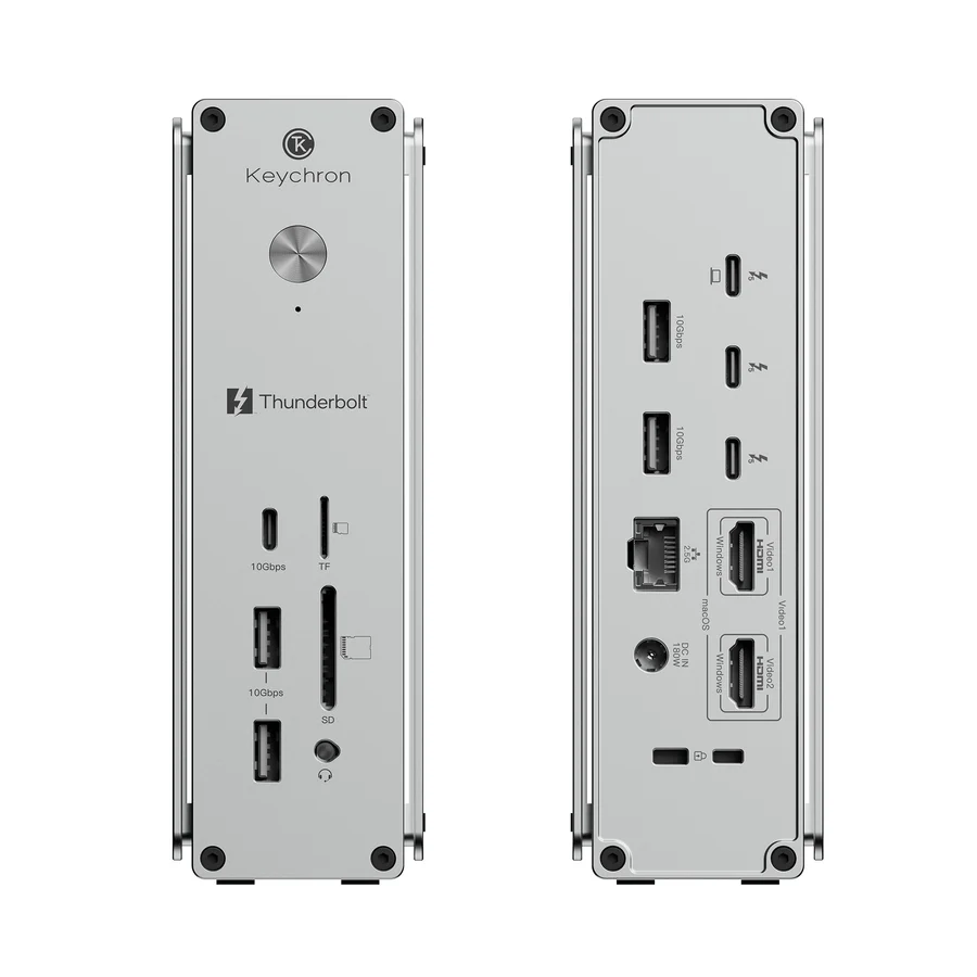 A Keychron Thunderbolt docking station featuring multiple ports including USB-C, USB-A, HDMI, Ethernet, SD card slots, and a 10 Gbps Thunderbolt port.
