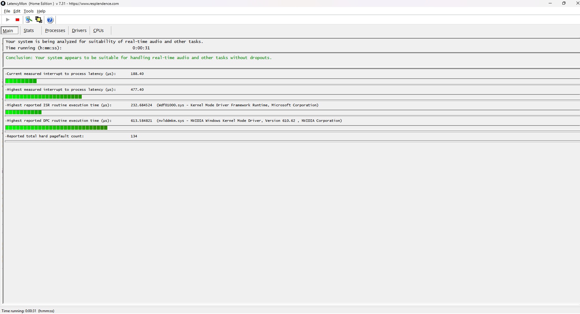 A LatencyMon screenshot shows system suitability for real-time audio with the conclusion 'Your system appears to be suitable for handling real-time audio and other tasks without dropouts,' highlighting NVIDIA and Microsoft drivers.
