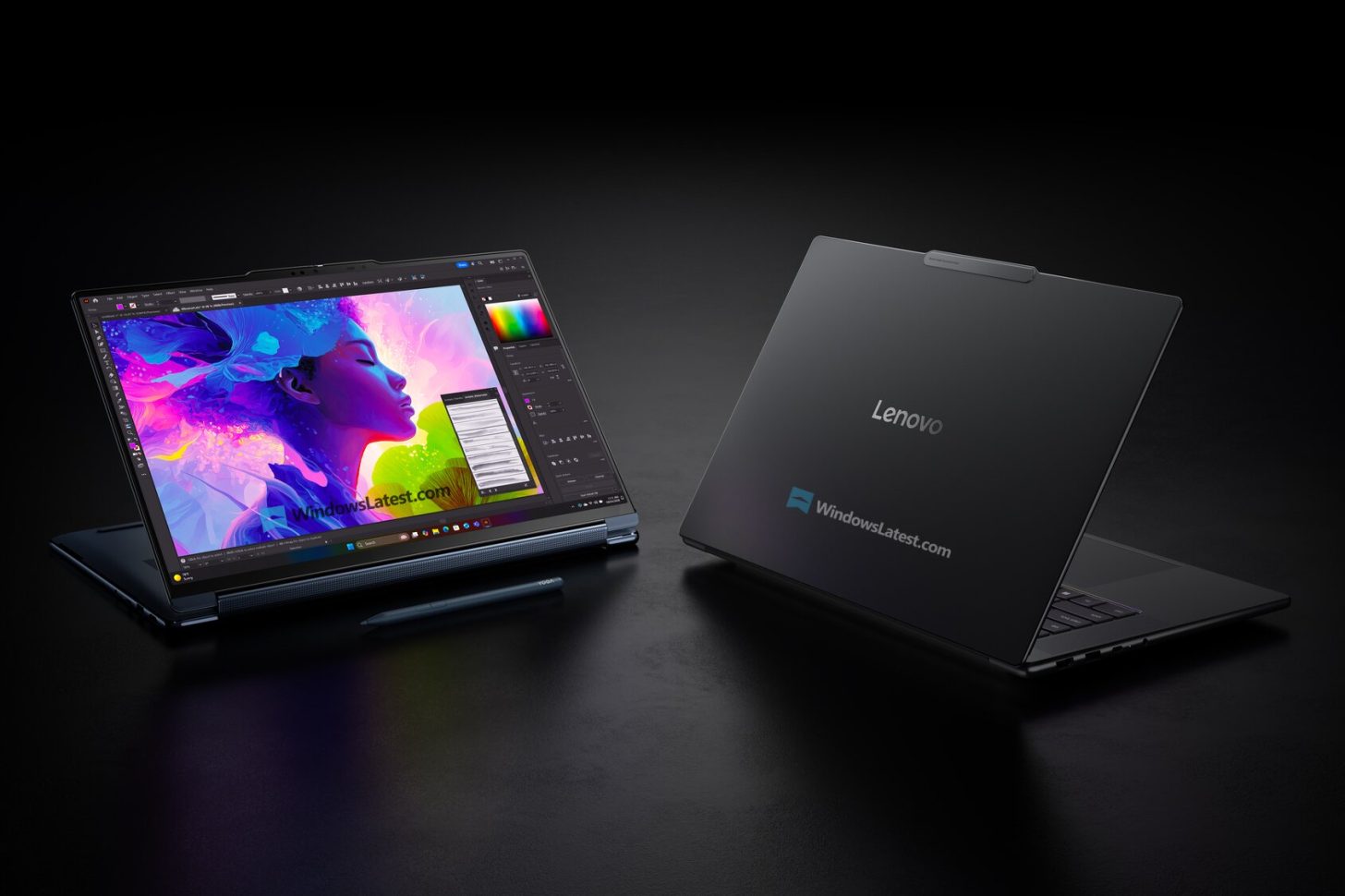 The image shows two Lenovo laptops, with one displaying vibrant digital artwork on its screen, and the other closed with the Lenovo logo visible.
