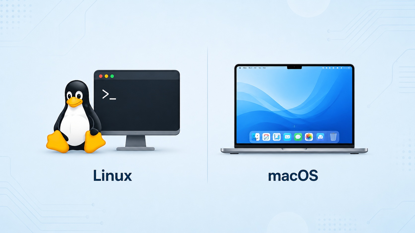 An illustration showing a Linux setup with the Tux mascot next to a monitor displaying a terminal, contrasted with a macOS laptop displaying its desktop interface.