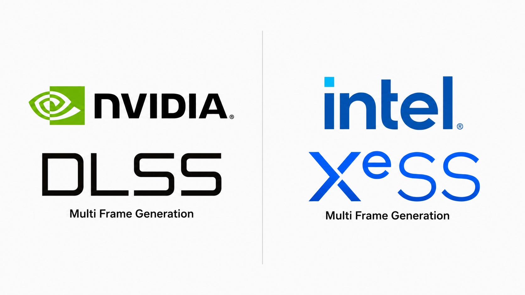 Logos of NVIDIA DLSS and Intel XeSS with the text 'Multi Frame Generation' under each.