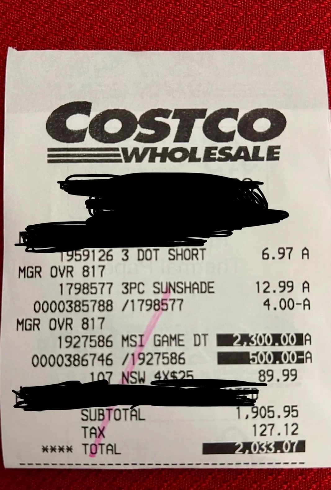 A Costco receipt details purchases including an MSI Game DT for $2,300.00, 3 Dot Short for $6.97, and 3PC Sunshade with a discount applied, with a total of $2,033.07.