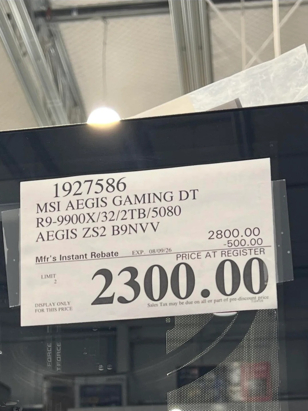 A product label shows 'MSI Aegis Gaming DT R9-9900X/32/2TB/5080 Aegis ZS2 B9NVV' with a price of '2300.00' after a rebate.