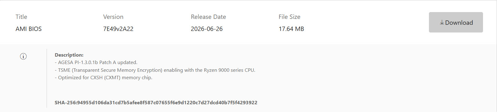 Details of an AMI BIOS update show version '7E49v2A22' with a release date of 2026-06-26 and a file size of 17.64 MB, including updates like AGESA PI-1.3.0.1b Patch A and TSME support for Ryzen 9000 CPUs.