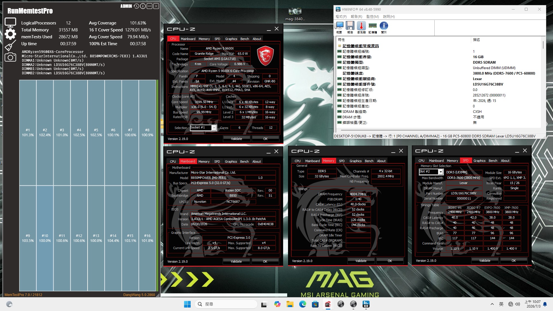 A desktop screenshot displays various hardware monitoring applications including CPU-Z showing an AMD Ryzen 5 9600X processor, B650MPOWER motherboard details, and DDR5 memory specifications from Lexar, alongside 'RunMemtestPro' software running a memory test.