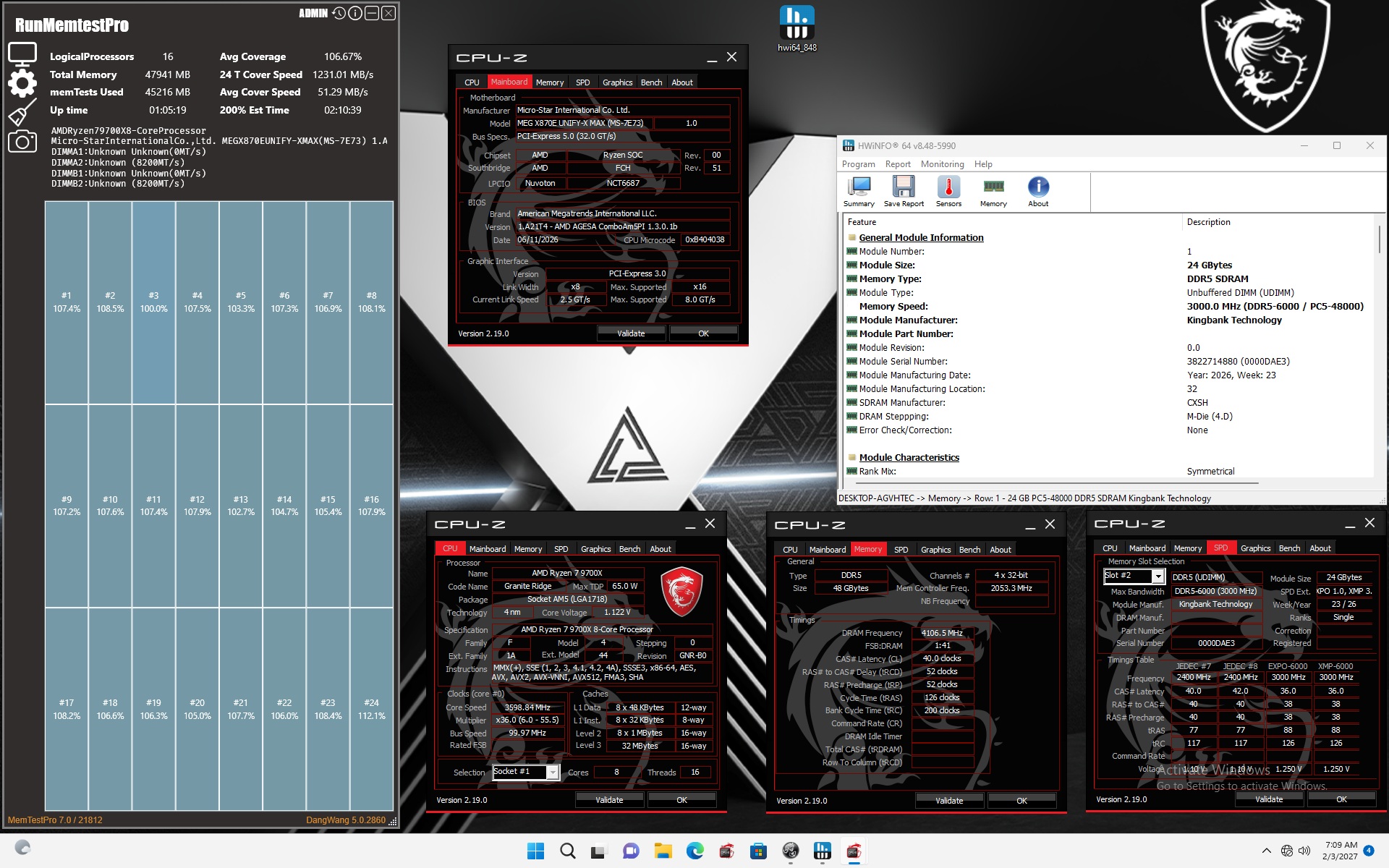A desktop screenshot showing CPU-Z and HWiNFO64 displaying details of an AMD Ryzen 9 7900X processor and Kingbank DDR5-6000 RAM, alongside a 'RunMemtestPro' window performing memory tests with a 47,941 MB total memory size.