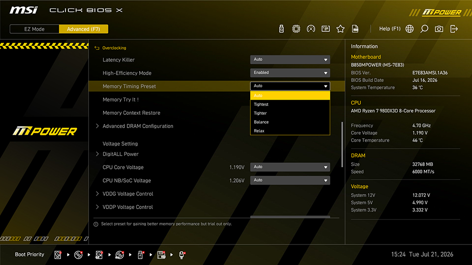 The MSI Click BIOS X interface shows memory and voltage settings with details of a B650 M-POWER motherboard and an AMD Ryzen 7 9800X3D 8-Core Processor running at 4.70 GHz.