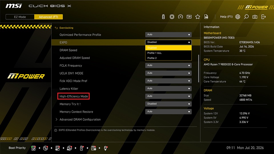An MSI Click BIOS X interface shows overclocking settings for a B650 MPOWER motherboard with an AMD Ryzen 7 7800X3D processor, featuring options like 'EXPO' (disabled) and 'High-Efficiency Mode.'