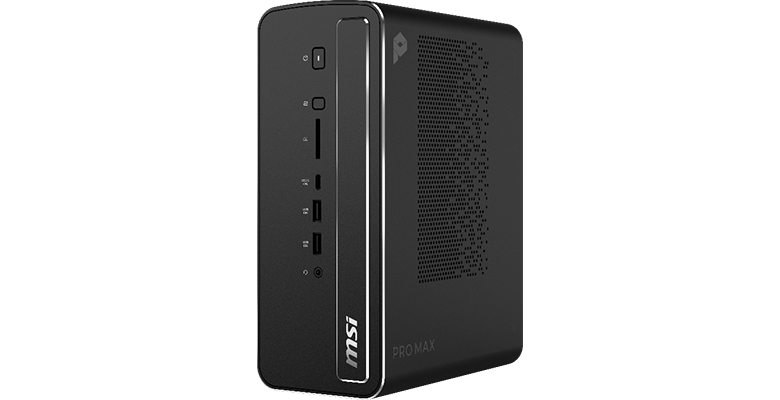 The image shows an MSI PRO MAX mini PC with front USB ports and a power button.