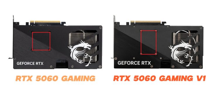 Two MSI graphics cards, labeled 'RTX 5060 Gaming' and 'RTX 5060 Gaming V1,' with visible dragon logos and 'GeForce RTX' text.