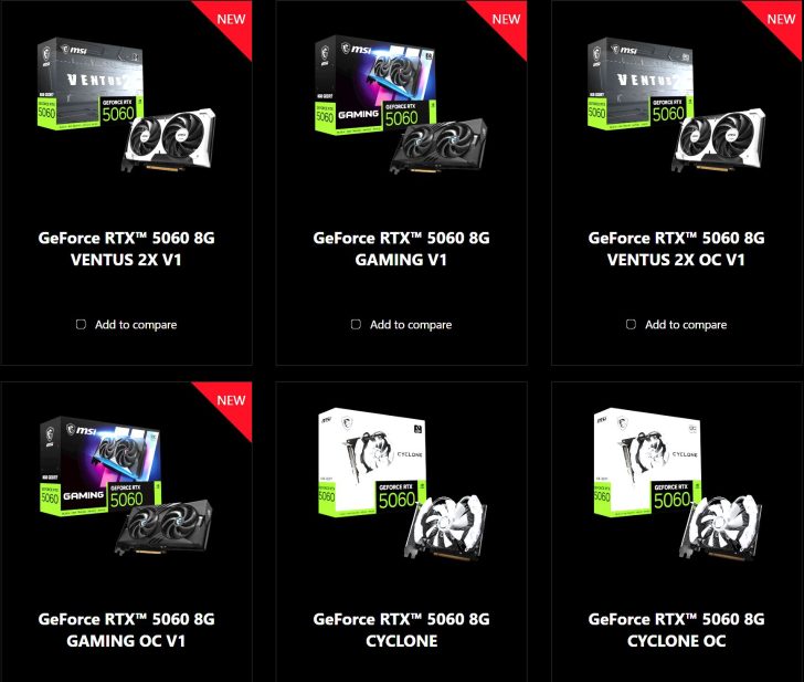 A grid showcasing various MSI GeForce RTX 5060 graphics card models: 'VENTUS 2X V1', 'GAMING V1', 'VENTUS 2X OC V1', 'GAMING OC V1', 'CYCLONE', and 'CYCLONE OC', each with a product image labeled 'NEW'.
