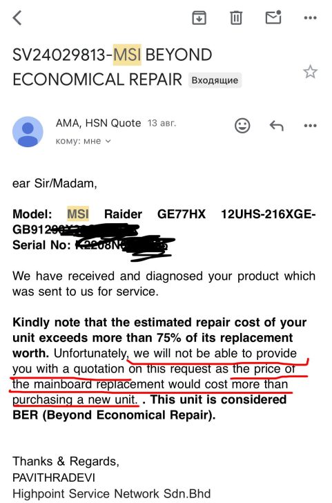 MSI refused the motherboard replacement of a $6,000 gaming laptop