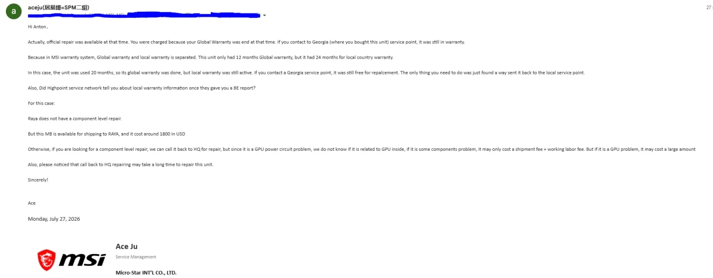 An email from Ace Ju, Service Management at MSI, discussing warranty details and repair options for a component issue related to a GPU power circuit problem, dated Monday, July 27, 2026, with MSI's logo visible.