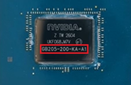 A close-up of an NVIDIA chip labeled 'GB205-200-KA-A1' on a circuit board.