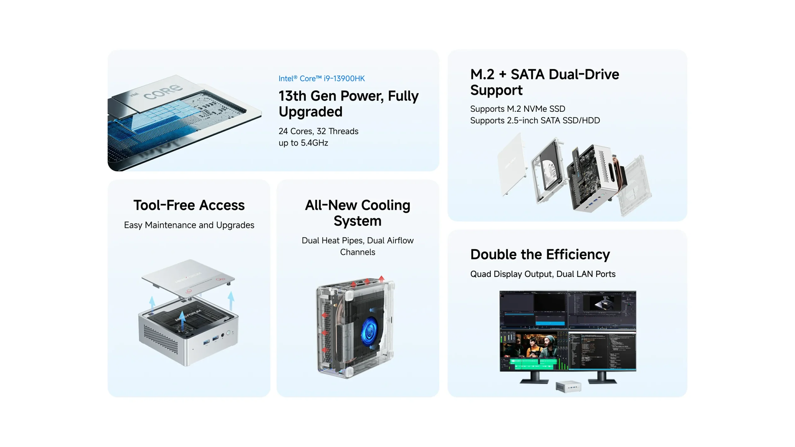 The image showcases features of a device with 'Intel Core i9-13900HK' including '13th Gen Power, Fully Upgraded,' 'Tool-Free Access,' 'All-New Cooling System,' 'M.2 + SATA Dual-Drive Support,' and 'Double the Efficiency.'