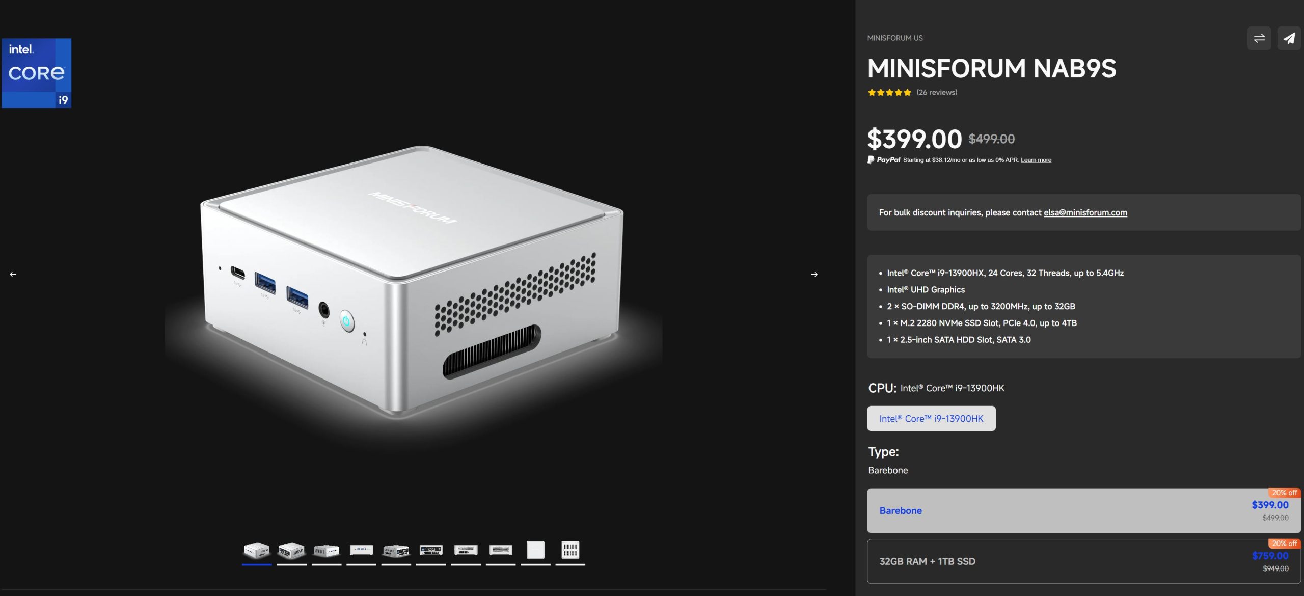 The image shows a MINISFORUM NAB9S mini PC with an Intel Core i9-13900HX processor, available for $399, featuring Intel UHD Graphics, dual SO-DIMM DDR4 slots, an M.2 NVMe SSD slot, and a SATA HDD slot.