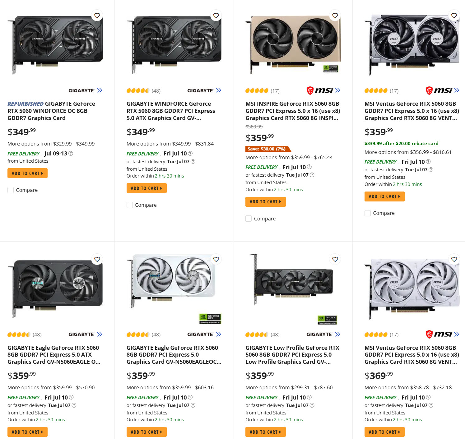 A grid of graphics cards listings shows various models like the Gigabyte GeForce RTX 5060 WindForce OC 8GB and MSI Ventus GeForce RTX 5060 8GB, each with pricing and availability details.