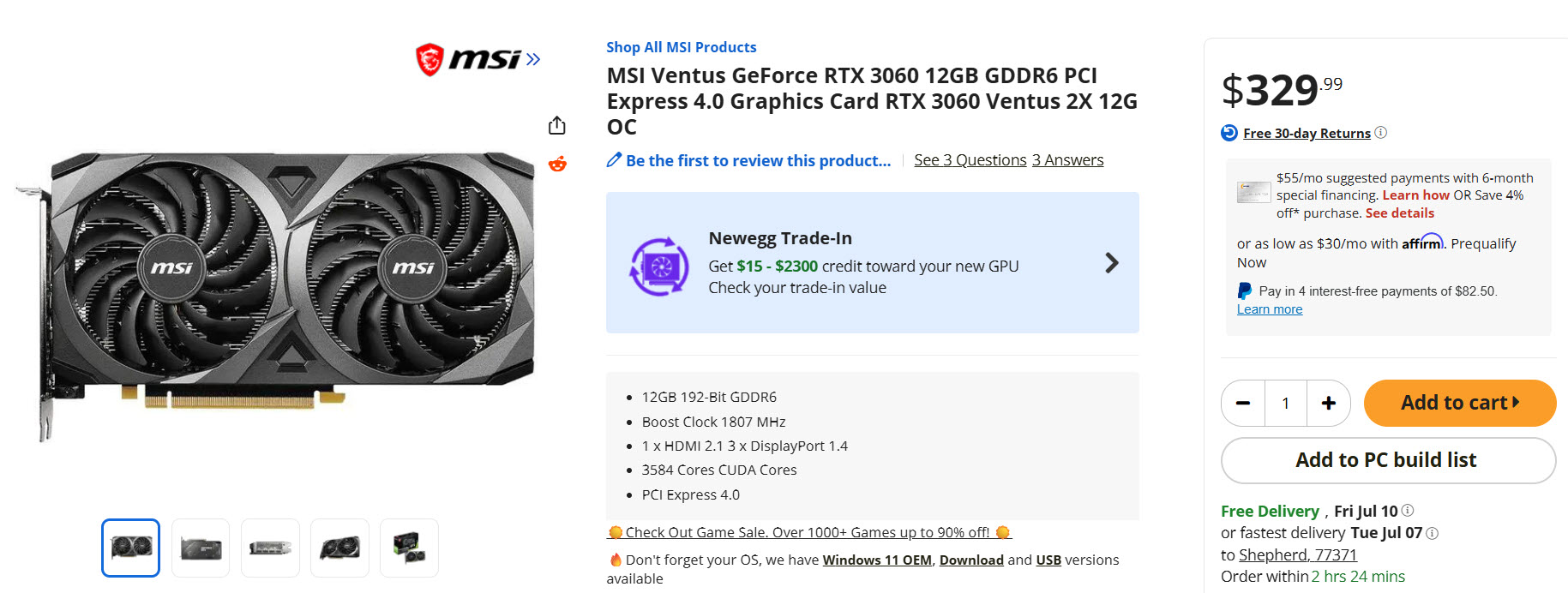 MSI Ventus GeForce RTX 3060 12GB GDDR6 graphics card is featured on a product page with a price of $329.99, highlighting specifications such as '12GB 192-Bit GDDR6' and 'Boost Clock 1807 MHz'.