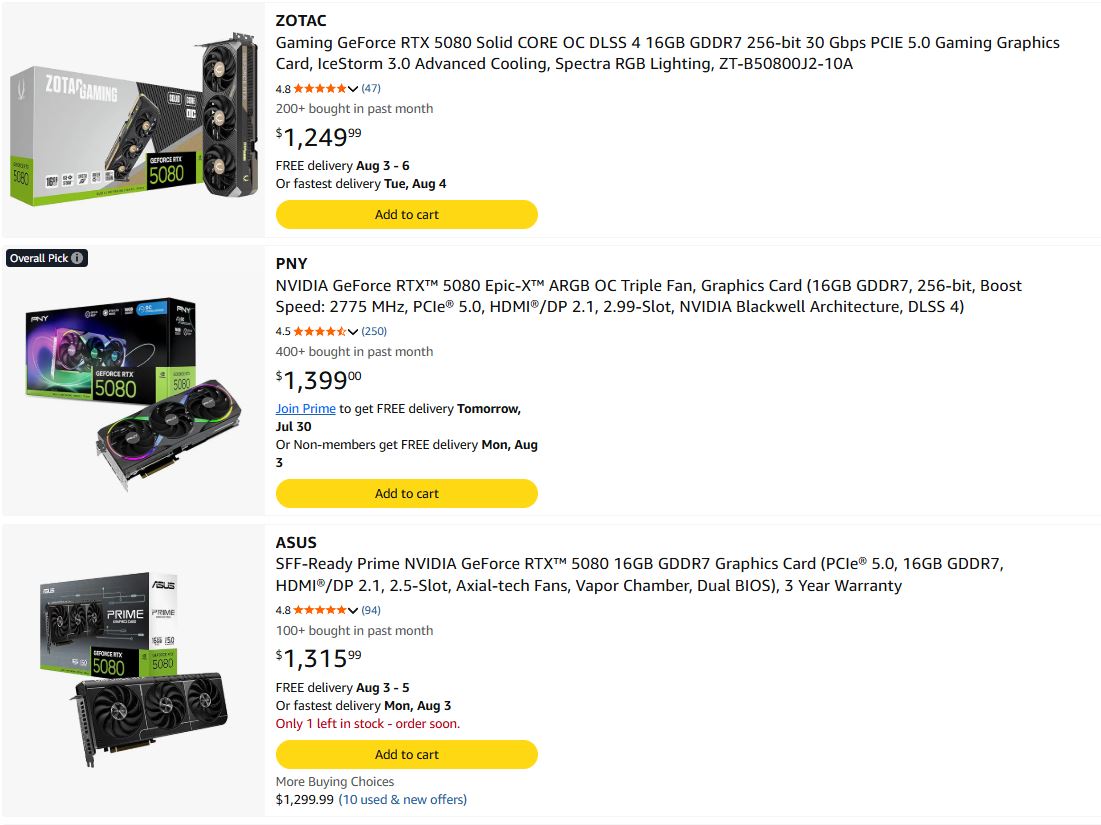 A comparison of three NVIDIA GeForce RTX 5080 graphics cards from ZOTAC, PNY, and ASUS, showing different pricing, ratings, and delivery options on an e-commerce platform.