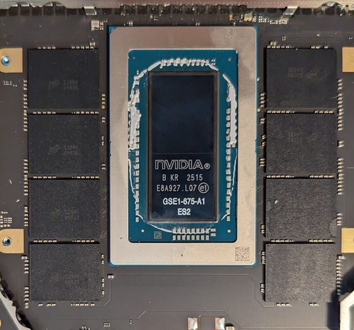 A detailed close-up of an NVIDIA chip labeled 'GSE1-675-A1 ES2' on a circuit board.