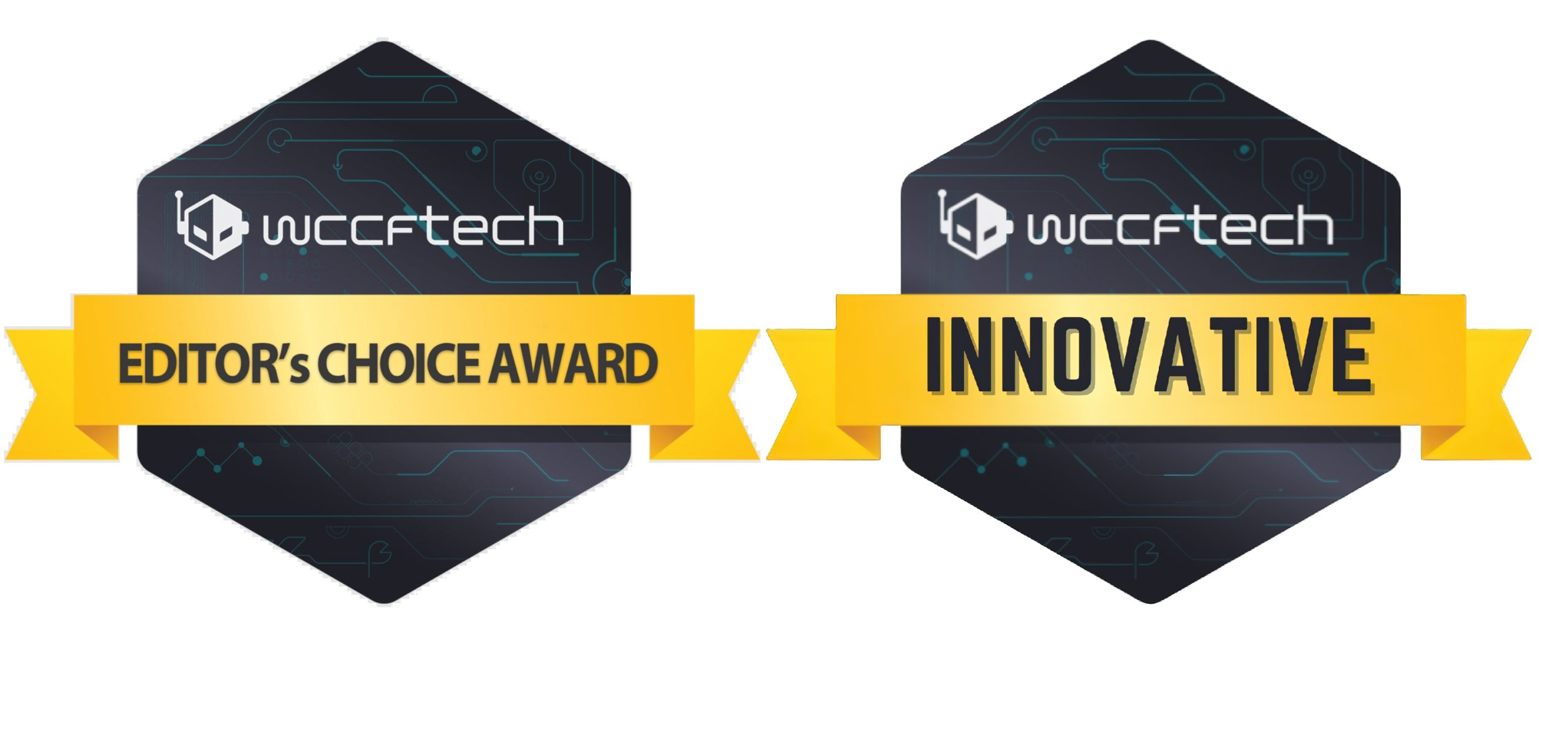 Two hexagonal badges display the 'wccftech' logo with gold ribbons labeled 'EDITOR'S CHOICE AWARD' and 'INNOVATIVE'.