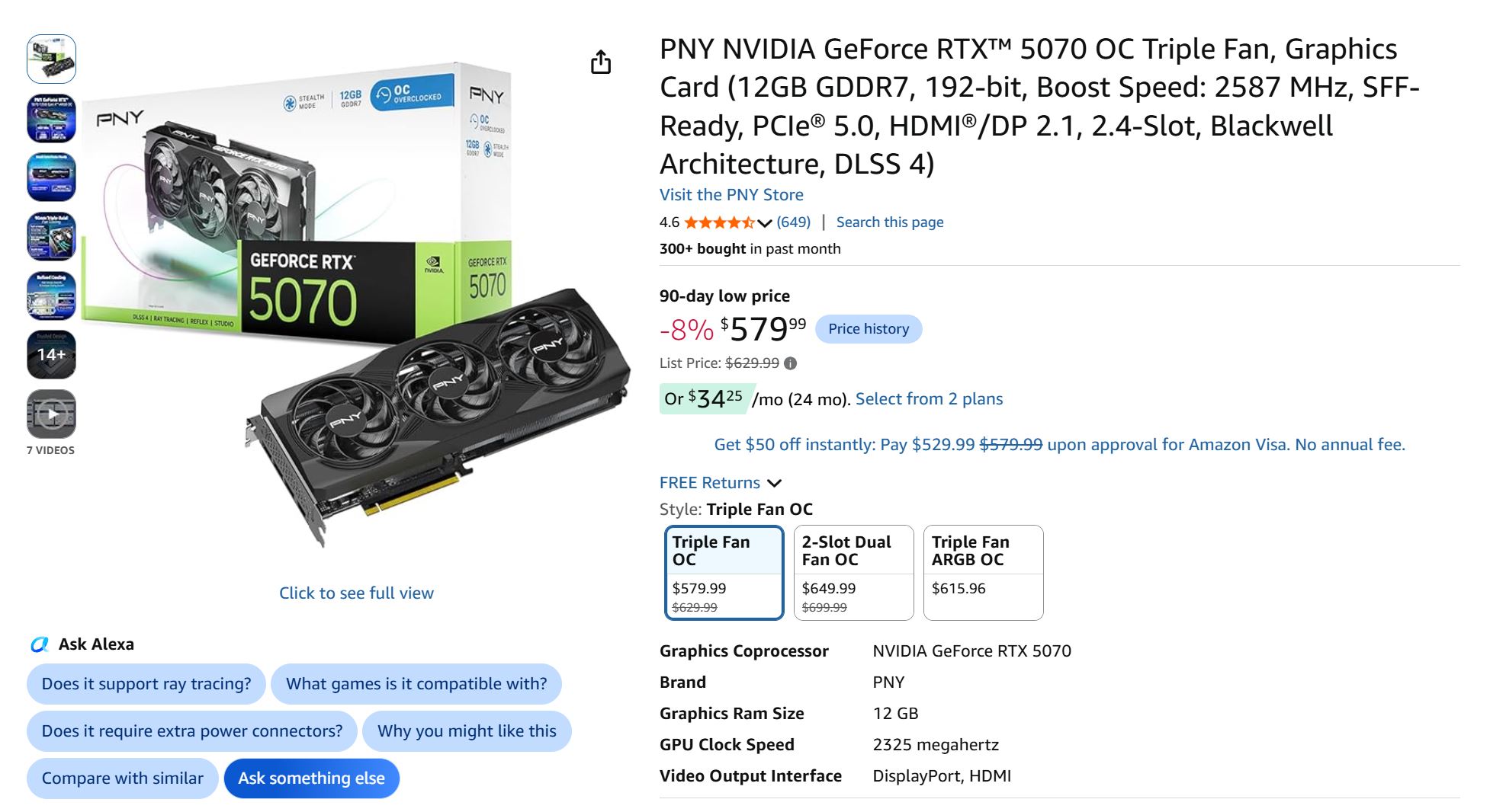 The image shows a PNY NVIDIA GeForce RTX 5070 OC Triple Fan graphics card, priced at $579.99 with features including 12GB GDDR7, PCIe 5.0, HDMI/DP 2.1, and DLSS 4, alongside options for different fan styles and related product details.
