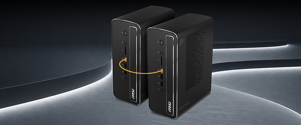 Two MSI PRO MAX mini PCs connected by an orange line on a futuristic silver backdrop.