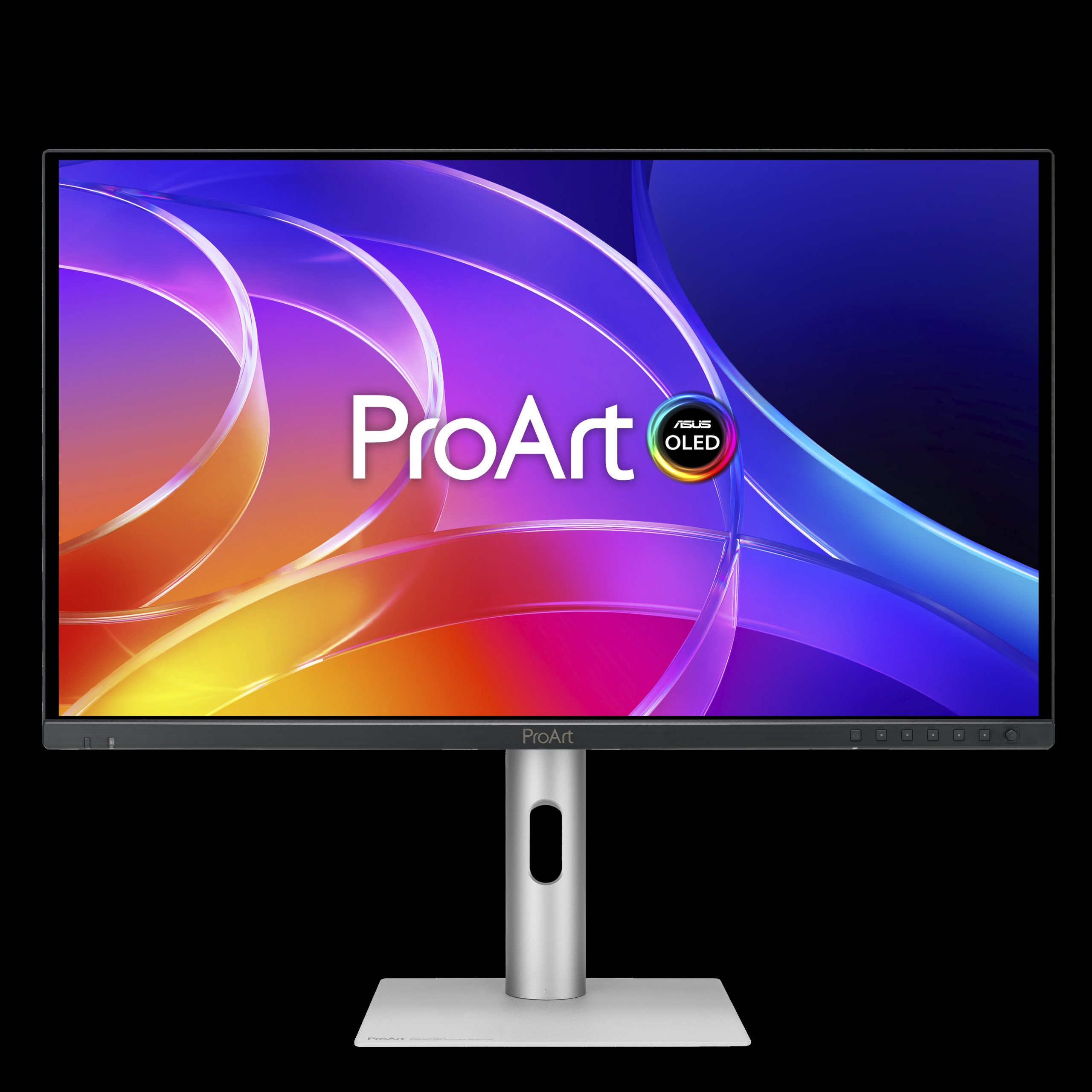 An ASUS ProArt OLED monitor with a vibrant abstract background and the 'ProArt' logo displayed on screen.