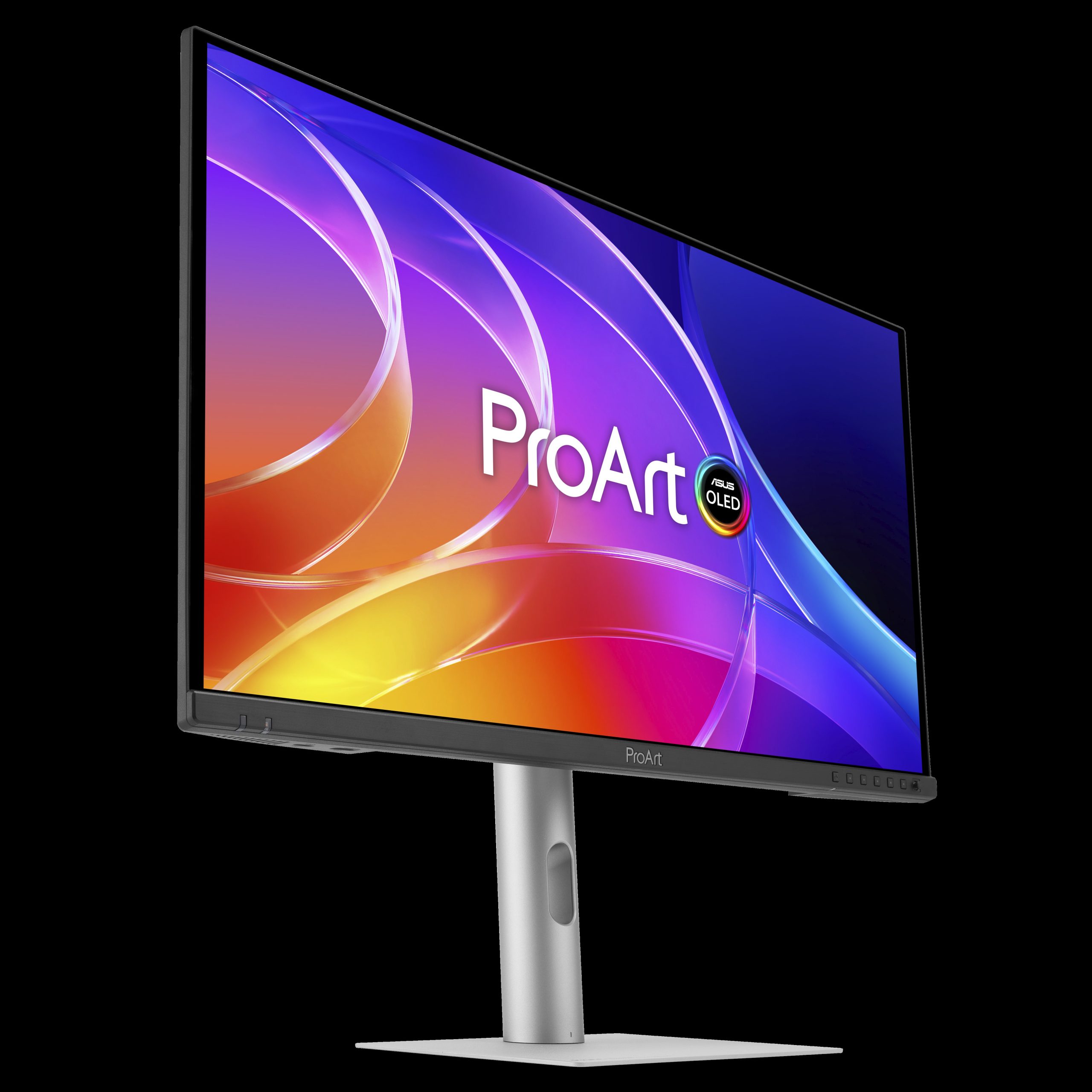The ASUS ProArt OLED monitor is displayed on a silver stand with a colorful screen and logo.