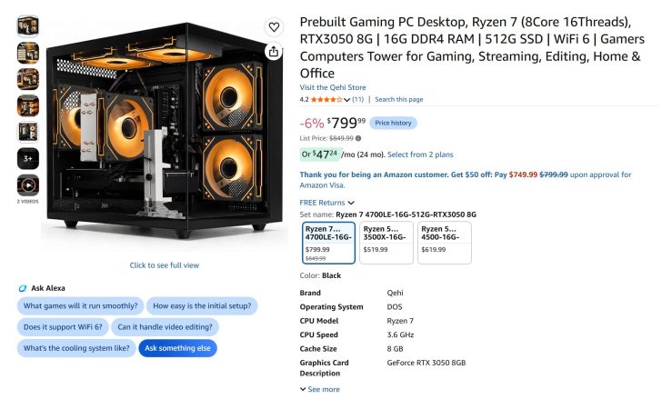 A Qehi brand prebuilt gaming PC is shown featuring an AMD Ryzen 7 CPU and GeForce RTX 3050 8GB GPU with visible orange cooling fans; listed for $799.99.