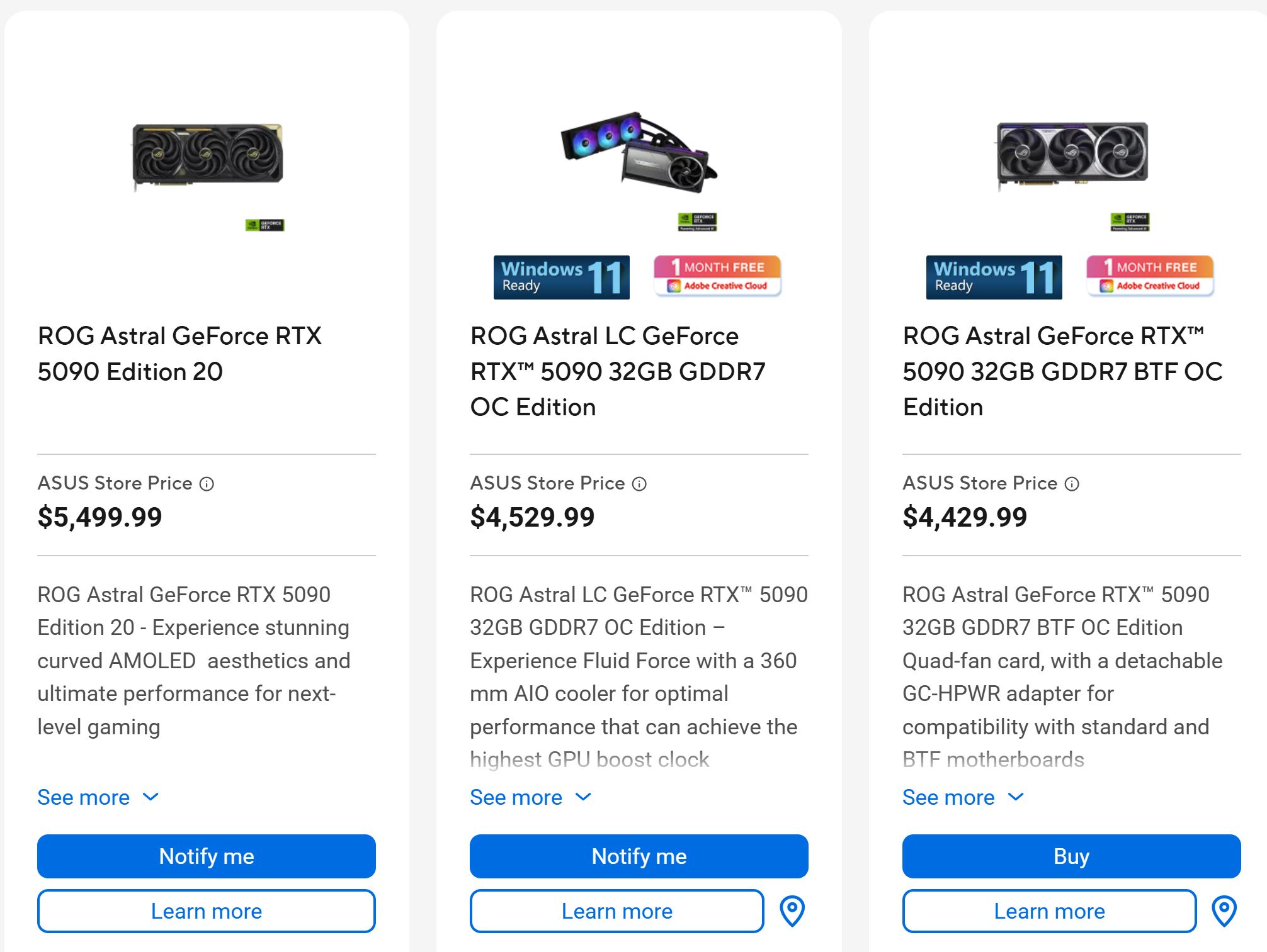 The image displays a comparison of three ASUS ROG Astral GeForce RTX 5090 GPU models, with prices listed as $5,499.99 for the Edition 20, $4,529.99 for the LC 32GB GDDR7 OC Edition, and $4,429.99 for the BTF OC Edition, featuring Windows 11 readiness and '1 MONTH FREE Adobe Creative Cloud' offer.