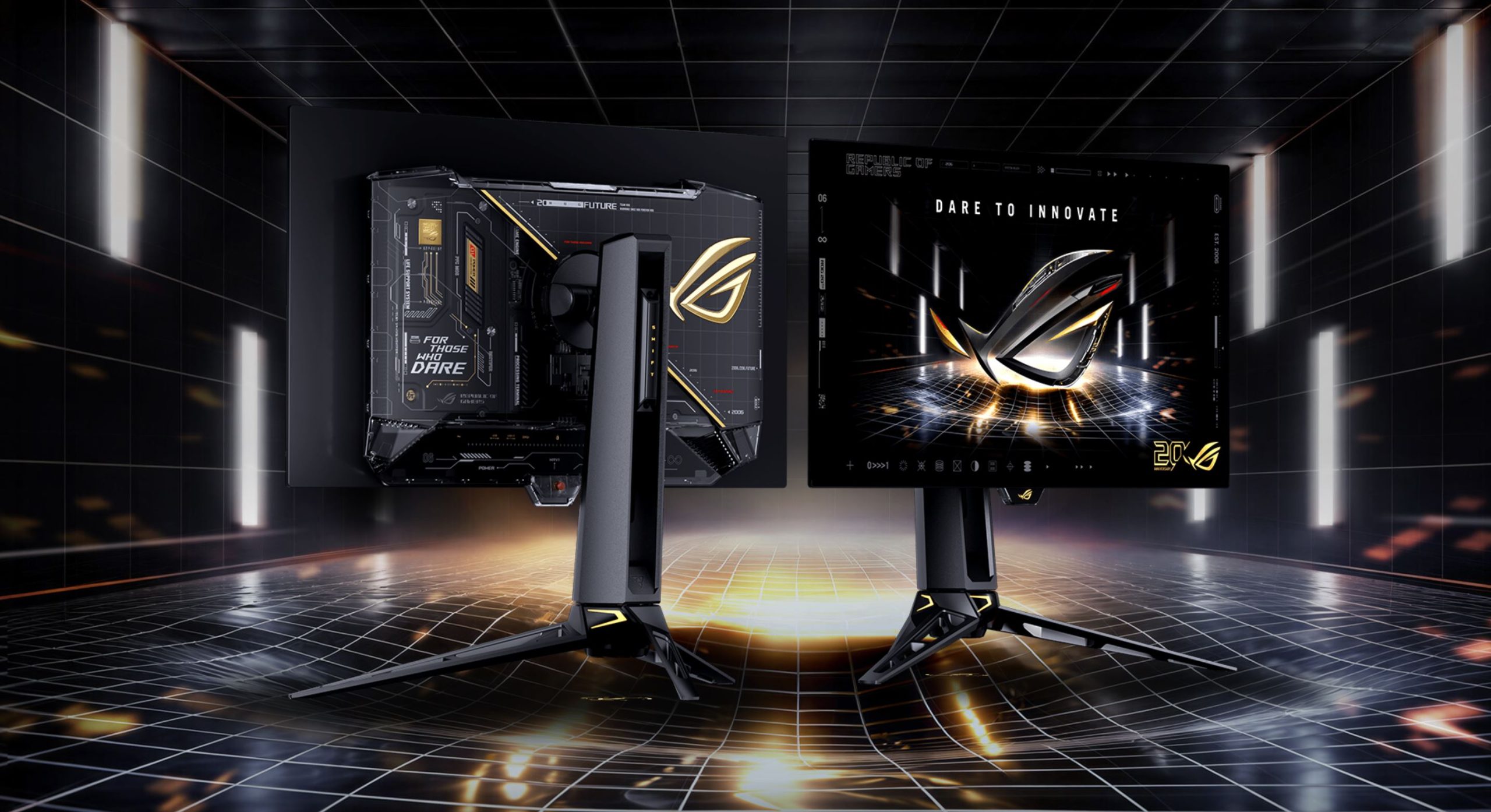 Two ASUS ROG monitors are displayed in a futuristic setting, featuring the slogans 'For Those Who Dare' and 'DARE TO INNOVATE' with prominent ROG logos.