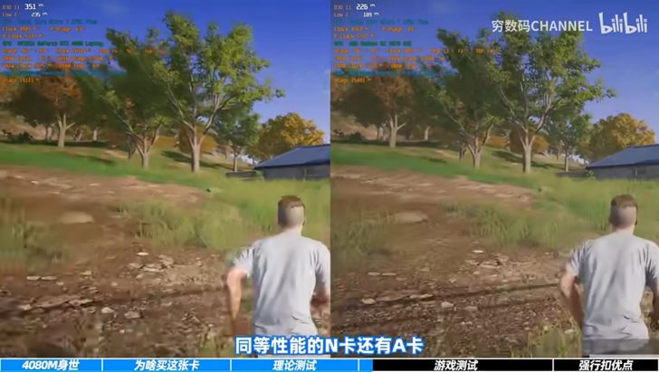 A split-screen comparison showing a character running in a game, with on-screen stats 'Total Core 90%,' 'P Usage 65.0%', '351 fps' on the left, and '226 fps' on the right, highlighting performance differences.