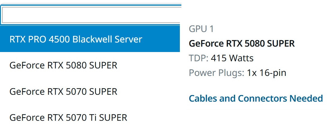 An image showing the 'RTX PRO 4500 Blackwell Server' with listed GPUs including GeForce RTX 5080 SUPER, GeForce RTX 5070 SUPER, and GeForce RTX 5070 Ti SUPER; the GeForce RTX 5080 SUPER's specifications include 'TDP: 415 Watts' and 'Power Plugs: 1x 16-pin'.