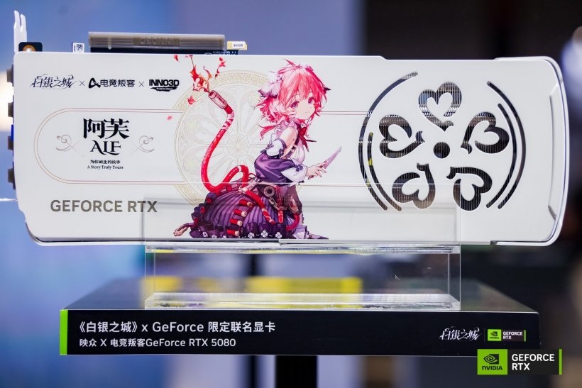 An INNO3D GeForce RTX 5080 graphics card featuring special edition artwork from 'A Song Truly Yours' displayed on a stand.