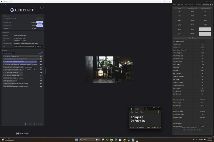 A Cinebench 2024 benchmark screen shows a ranking with the top three systems featuring '8 x 2.07 GHz, MIMOVKA Generic-CPU' scoring 1326 points.