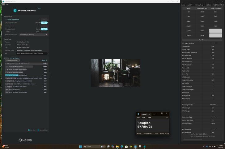 A screenshot of Maxon Cinebench 2024 shows a CPU score of 5771 pts for 'JMWhoA-Generic-CPU' on a Surface Laptop Studio with NVIDIA RTX 3050, ranking 7th below several Apple processors.