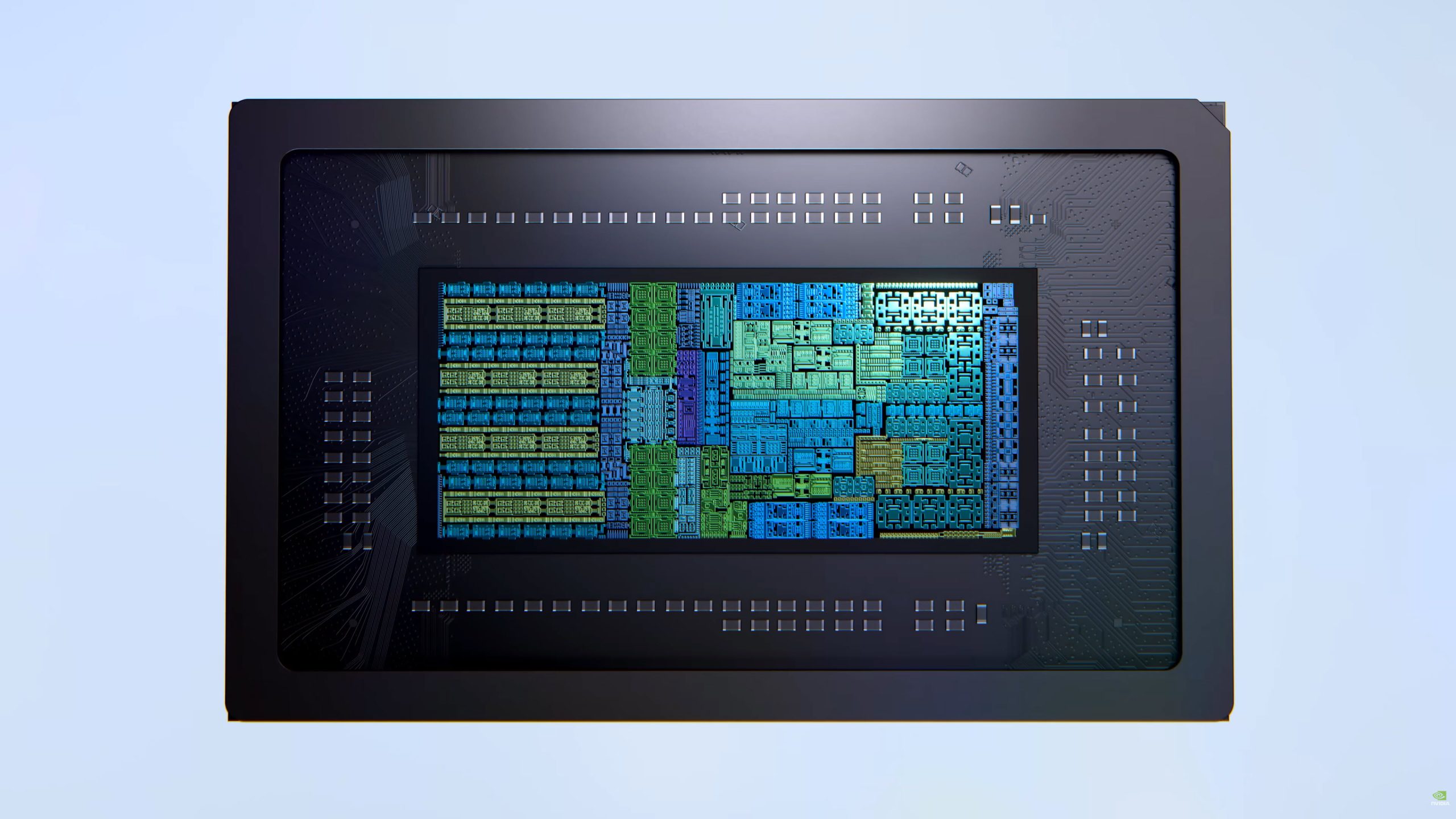 A close-up of an NVIDIA Ada Lovelace GPU chip featuring intricate circuitry and colorful module design.