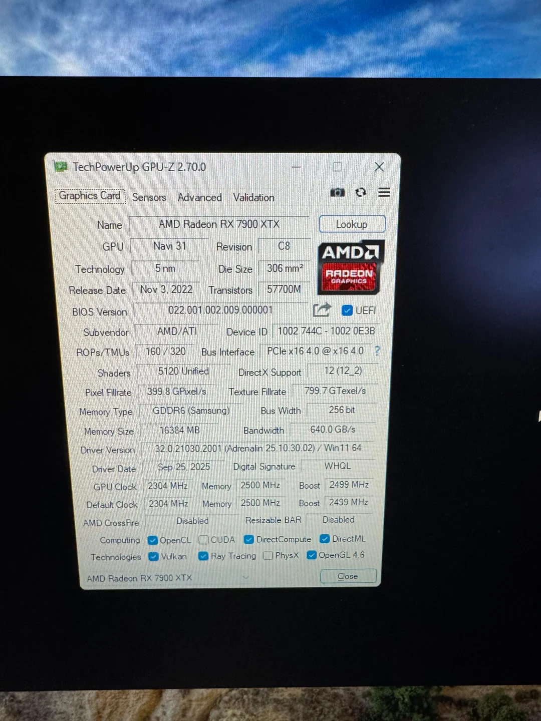 A screenshot of the TechPowerUp GPU-Z software displays detailed specifications for the AMD Radeon RX 7900 XTX graphics card, featuring a Navi 31 GPU, 5 nm technology, 306 mm² die size, and a memory size of 16384 MB.