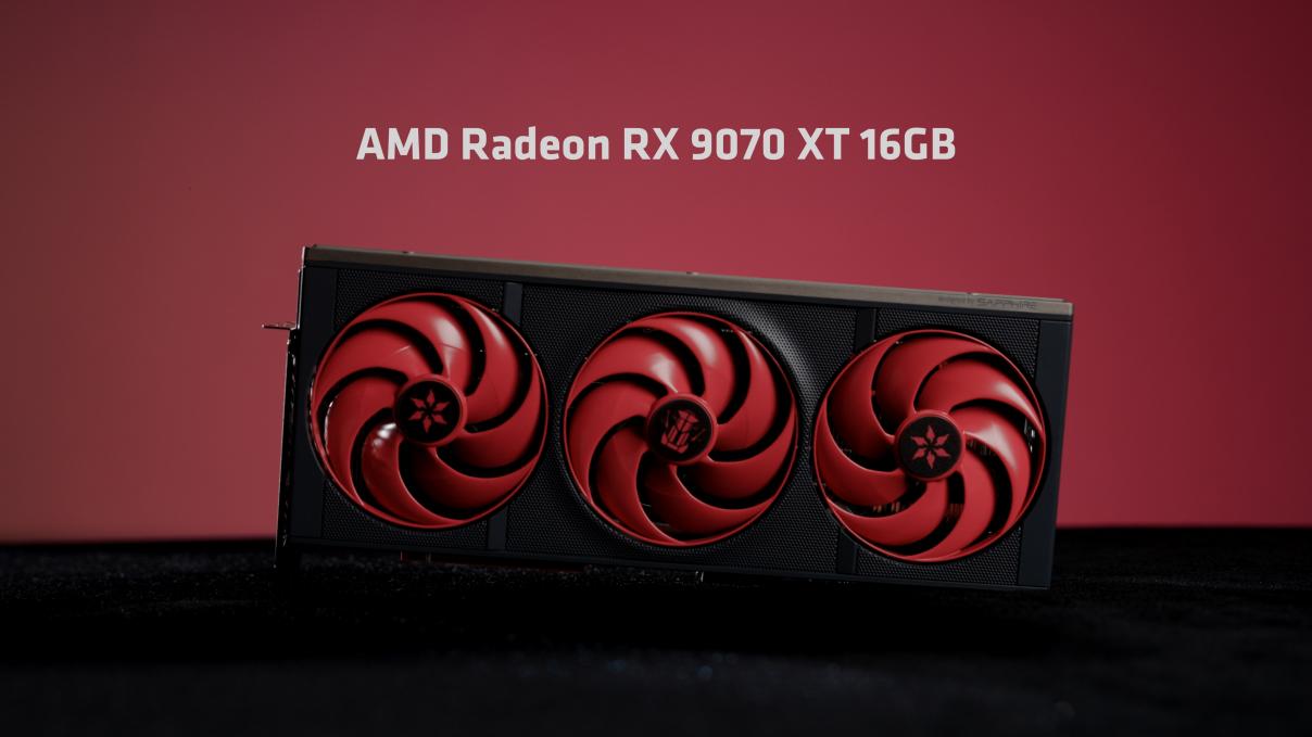 A graphics card labeled AMD Radeon RX 9070 XT 16GB with three large red cooling fans against a red background.