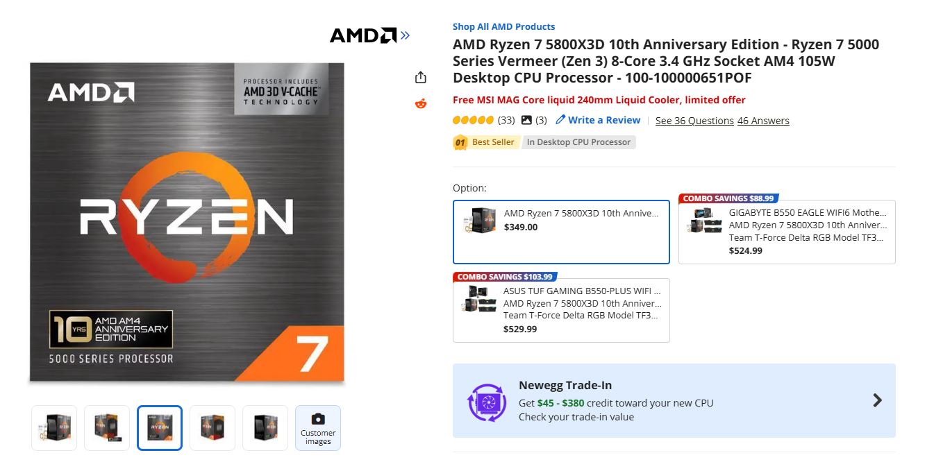 The image shows the AMD Ryzen 7 5800X3D 10th Anniversary Edition CPU packaging, featuring 'AMD 3D V-Cache Technology' and a price of $349.00 on a product listing page.