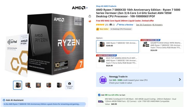 A product listing for the AMD Ryzen 7 5800X3D 10th Anniversary Edition CPU with a price of $349.00, featuring an AMD logo and reference to an included Ice Pad thermal pad.